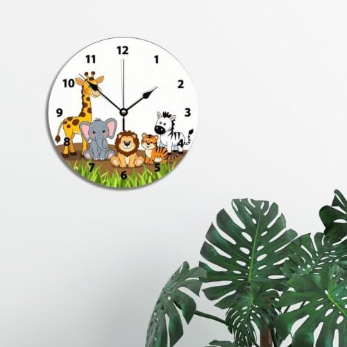 Cute Jungle Baby Animal Wall Clock for Kids Funny Nursery Wood Clock