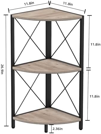 Snughome Corner Shelf for Desktop, 3-Tier Corner Storage Organizer with Metal Frame, Freestanding Corner Shelf Stand Display Rack for Kitchen Counter, Living Room, Grey