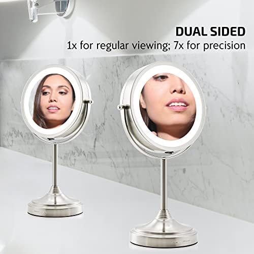 OVENTE 7'' Lighted Tabletop Makeup Mirror, 1X & 7X Magnifier, Spinning Double Sided Round LED, Great for Vanity, Bath, & Bedroom, Battery Powered, Nickel Brushed MCT70BR1X7X (Pack of 2)