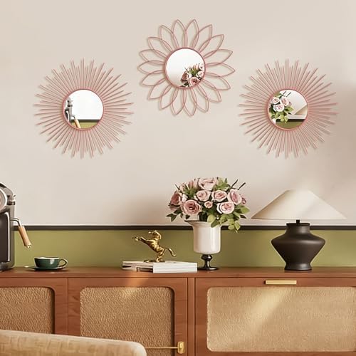 3 Pack Metal Mirrors for Wall Sunburst Wall Mirrors Home Décor Decorative Hanging Wall Art for Living Room Bedroom Entryway (Pink, Flower+Sunburst)