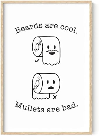 HAUS AND HUES Funny Bathroom Decor – Beard and Mullet Artwork, Playful Restroom Poster, Humorous Washroom Accent (24x36, Beige Frame)