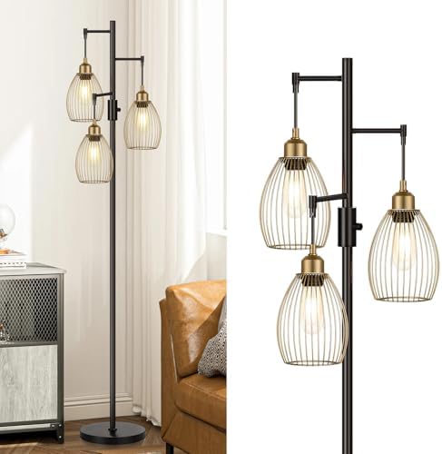 Dimmable Floor Lamp, Industrial Floor Lamps for Living Room, Gold and Black Tree Lamp Standing Lamp Tall Lamps with 3 Elegant Teardrop Cage Head & 800 Lumens LED Bulbs for Living room Bedroom Office