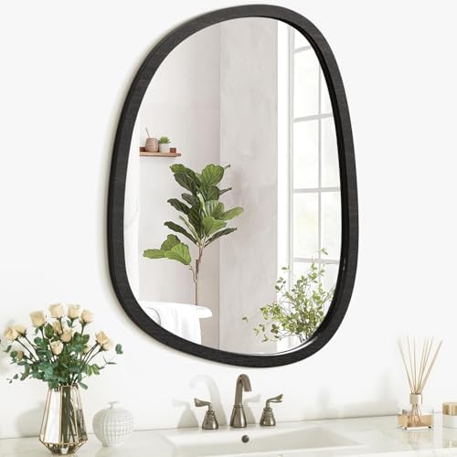 Irregular Wood Frame Mirror for Wall Asymmetrical Oval Wall Mirrors Unique Shape Modern Wall Mounted Vanity Artistic for Bathroom Bedroom Living Room Entryway Decorative