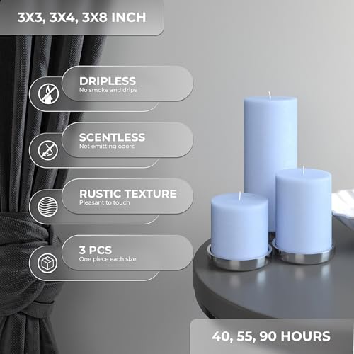 CANDWAX Assorted Pillar Candles Set of 3 – Sizes 3", 4", 8" Unscented Dripless Large Candles, Rustic Finish Long Burning for Weddings, Home Decor – Light Blue