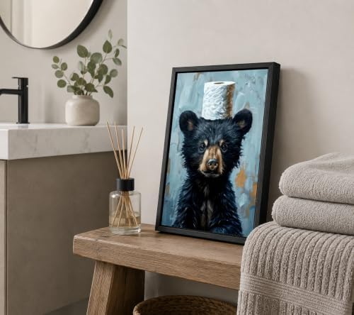 Black Framed Funny Bathroom Bear Canvas Wall Art, Black Bear with Paper Poster Print Artwork, Humor Animal Painting Picture Wall Decor, for Kids Restroom, Cabin, Bathroom, Home Decoration, 8x10in