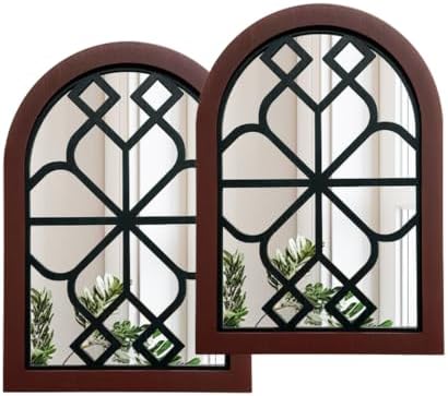 Set of 2 Arched Window Wall Mirror, Rustic Farmhouse Accent Mirror with Wood Frame Decorative Wall Art Mirror for Living Room Bathroom Bedroom Kitchen