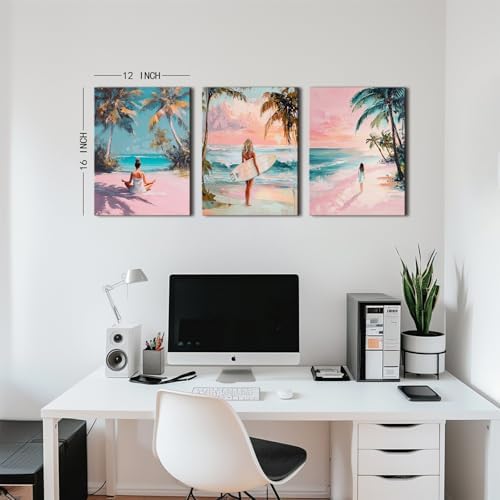 Pink Beach Wall Art Preppy Coastal Wall Decor Surfing Girls Pictures Pink Room Decor for Teen Girls Tropical Ocean Beachy Canvas Painting Aesthetic Artwork Yoga Bedroom Home Decorations 12x16" 3Pcs