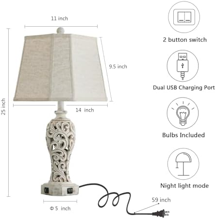 25'' Farmhouse Table Lamp for Living Room Bedroom with USB C+A