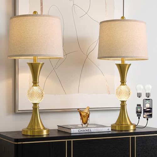 Oneach 28.5" Gold Table Lamps Set of 2, Tall Luxury Bedside Lamps with Night Light, USB A+C Charging Ports, Elegant Metal Nightstand Lamps for Bedroom Office End Table Decoration