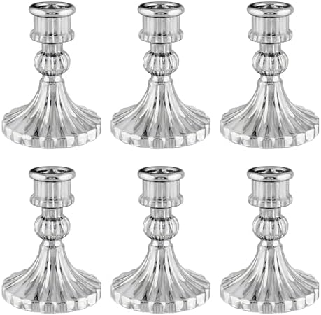 Silver Glass Candlestick Holders, Taper Candle Holders, Set of 6