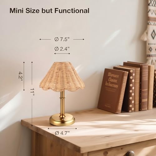 Mini Cordless Boho Rattan Table lamp, 5200-mAh Rechargeable Battery, 3-Level Brightness Dimmable, Build-in Integrated LED 320 Lumen Max, Rattan Shade, for Bedside Restaurant Dining Table