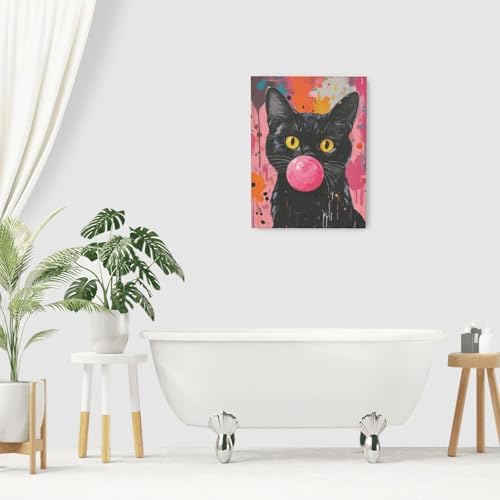 Funny Black Cat Pink Banksy Graffiti Wall Art Cute Cat Pictures Canvas Wall Decor kitten Painting Artwork Decoration Framed Gifts for Lover Women Girl Bathroom Bedroom Living Room Office 12"x16"