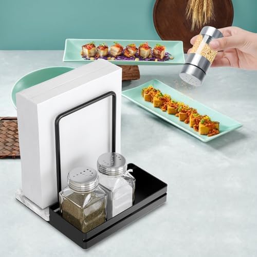 STWWO Marble Napkin Holder with Salt and Pepper Shakers Caddy, Black