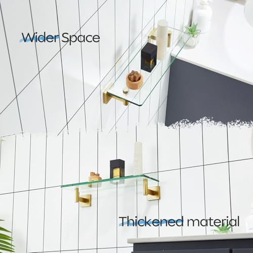 KOKOSIRI Wall Shelves Floating Shelf 16'' Stainless Steel Bathroom Hardware Tempered Glass Small Hanging Rack for Storage/Room Decor Gold B1105BG-L16