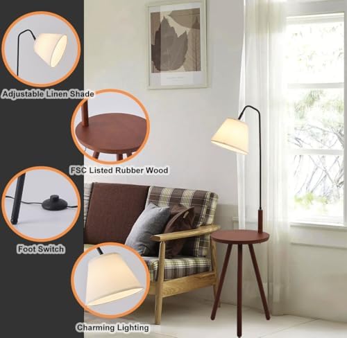 Fiqevs Wood Tripod Floor Lamp with Shelf & LED Bulbs, Mid-Century Modern Standing Lamp with Wooden Shelf & Linen Shade for Living Room, Bedroom, Office