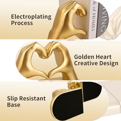 Gold Decorative Bookends for Shelves, Heart Hands Book Ends Sculpture Aesthetic Decor for Bedroom Living Room Merch Apartment Bookshelf Birthday Women Decorations Stuff Aesthetic