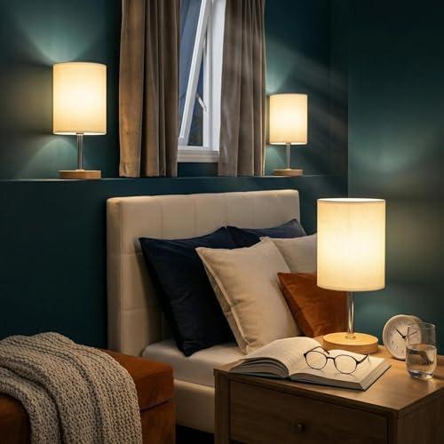 Small Table Lamp Set of 2, Bedside Lamp with 3000K Warm LED Bulb Included, Nightstand Lamp for Living Room Office Dorm Kids Room, Easy Assemble Minimalist Cream Shade & Wood Base(5W)