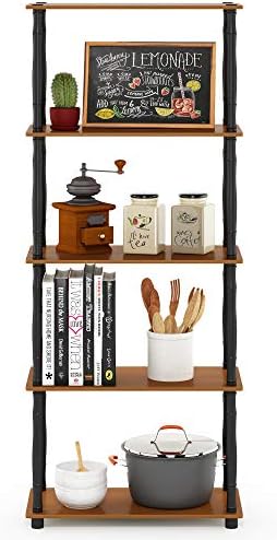 Furinno TURN-S-TUBE Storage Shelves, 5-Tier Book Shelf, Corner Shelf, Toolless Open Shelves, Classic Tubes, for Organization and Storage, Living Room, Garage, Home Office, Light Cherry