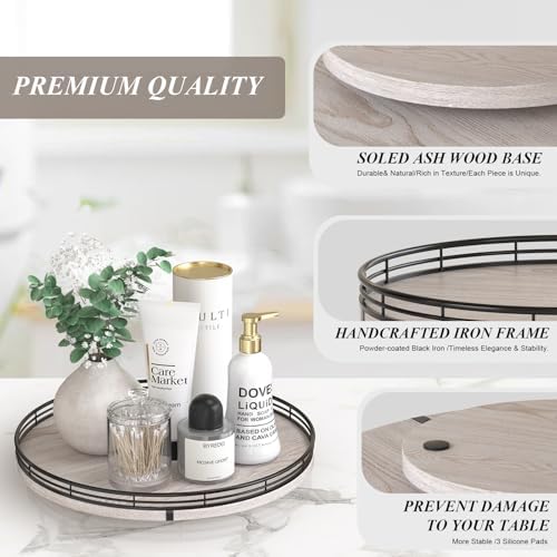 AMH 13-Inch Rustic Whitewashed Oak Lazy Susan Vanity Tray