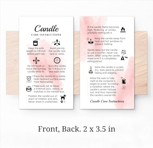 100 pack - Premium Handmade Candle Care Instruction Cards Pink White 2x3.5 in, Small Business | Soy Bees Wax Melt, Candle Makers, Making Supplies Kit Set, Containers, Jars, Package