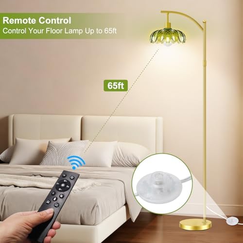 Gold Floor Lamp with Remote Control, Dimmable LED Floor Lamp with 3 Color Temperatures, Adjustable Height Vintage Standing Lamps for Living Room BedroomOffice, Green Glass Tall Lamps Gift Use