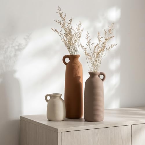 Set of 3 Matte Ceramic Vases with Handles, Textured Vases in Different Heights, Boho Farmhouse Decor for Dried Pampas Grass & Flowers, Modern Nordic Style Centerpiece