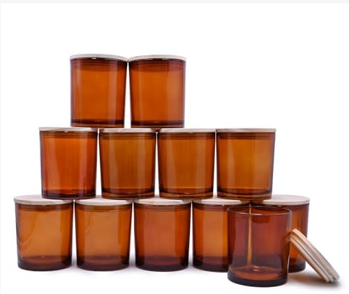 SHOWIN 14 OZ Thick Candle Jars for Making Candles 12 Pcs, 3 Wick Empty Jars with Wood Lids for Candle Making, Sample Container,Clear Brown