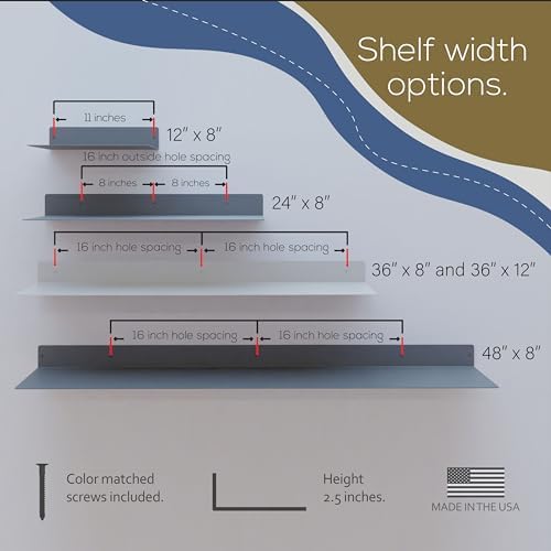 36x8 in Metal Floating Shelf White Wall Mounted - Made in The USA - Bedroom, Living Room, Bathroom, Kitchen
