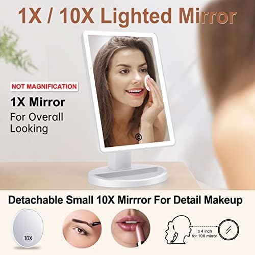 COSMIRROR Lighted Makeup Vanity Mirror with 72 LED Lights 3 Color Lighting | 10X Magnifying Mirror, Dual Power Supply, 180 Degree Rotation Cosmetic Tabletop Light up Mirrors