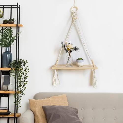 LB Macrame Wall Hanging Shelf, Boho Macrame Wall Decor for Bedroom Living Room Nursery Bathroom, Bohemian Wooden Display Floating Shelves for Wall Decor with Handmade Woven Rope for Plant, 30"L x 16"W