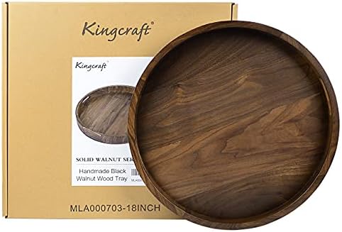 18" Round Medium Black Walnut Wood Ottoman Tray with Handle