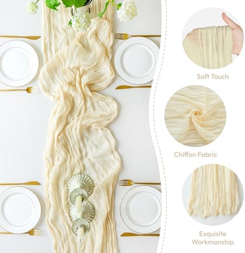 Sioloc Beige Cheesecloth Table Runner 120'' x 35'',Spring Easter Decor Soft Gauze Boho Wedding Table Decor for 10ft Table Birthday Party,Baby Shower, Bridal Shower, Home & Event Decor