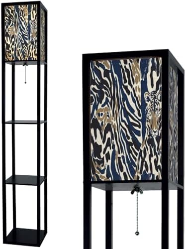 Standing Lamp with Shelves Tall Animal Print Zebra Texture Modern Wood Corner Lamp for Bedroom Living Room Office Floor Lamp Mid Century Room Decor