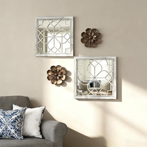 Set of 2 18 Inch Large Square Grey Window Pane Wall Mirrors, Shatterproof Rustic Farmhouse Boho Vintage Accent Mirrors for Living Room, Bedroom, Bathroom, Entryway & Home Decor