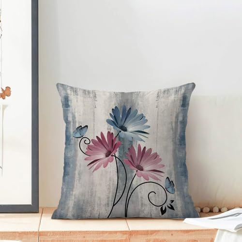 Blue Pink Floral Pillow Covers 18 x 18 Inch Set of 2 Daisy Floral Butterfly Decorative Throw Pillow Covers Linen Rustic Farmhouse Cushion Cases for Home Sofa Couch Living Room Decor