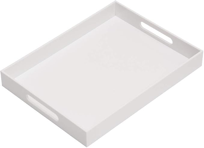 KEVLANG Glossy White Acrylic Serving Tray, 12x16Inch, Sturdy Kitchen Countertop Organizer, Decorative Vanity Table Tray, Ottoman Tray, 3/16 inch Thickness