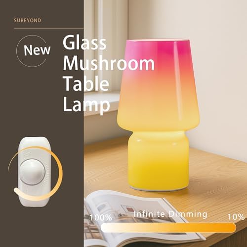 Mushroom Lamp,Mother's Day Gifts,Small Table Lamp,Cute Nightstand Kitchen Mini Lamp,Glass Table Lamp,Suitable for Bedrooms, Kitchens, Living Rooms, Bedside, Girl Gifts（Pink Gradient）