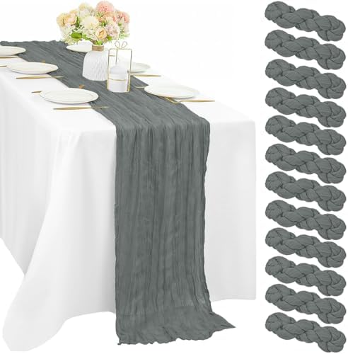 12 Pcs Gray 35 x 120 Inches Long Cheesecloth Table Runner 10FT Runner for Tables Gauze Fabric Boho Table Runner Decoration Rustic Semi Sheer Runner for Wedding Baby Shower Birthday Party (Gray)