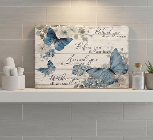Inspirational Butterfly Canvas Wall Art Farmhouse Blue Butterfly Flowers Motivational Quotes Paintings Pictures Wall Decor Posters Prints Artwork for Women's Room Apartment Office Home Decoration