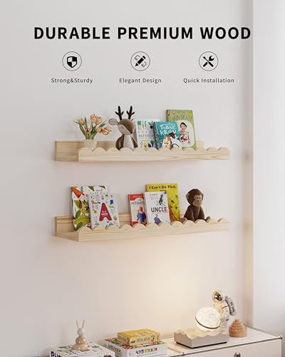 Shario Nursery Book Shelves, 4-Pack Wood Floating Shelves for Wall Kids, Scalloped Shelves, Wall Book Shelves for Bedroom Kids, Toddler Room, Baby Room, Nursery Decor(Wood, 16.5 Inches)