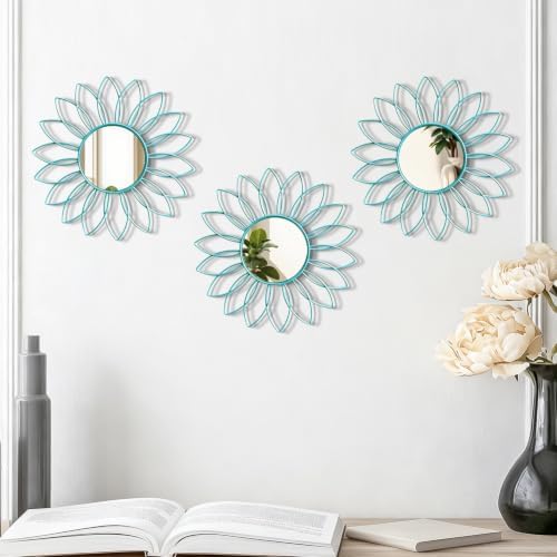 3 Pack Metal Mirrors for Wall Sunburst Wall Mirrors Home Décor Decorative Hanging Wall Art for Living Room Bedroom Entryway (Greenish Blue, Flowers)