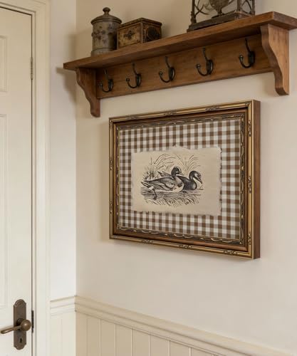 Vintage Gold Framed Wall Art Vintage Duck Wall Art Rustic Farmhouse Brown Gingham Duck Wall Decor Picture Country Cottage Illustration Poster Print Artwork for Living Room Bedroom 9x11in