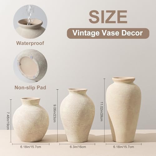 11.02 Inch Tall Vintage White Ceramic Flower Vase, Rustic Farmhouse Beige Stone Texture Vase for Home Decor, Decorative Terracotta Vase for Table Centerpiece Living Room Bathroom (Off White-11.02'')