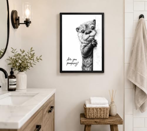 Black Framed Funny Otter Canvas Wall Art, Black White Humorous Animal Bathroom Poster Print Artwork, Are You Pooping Painting Picture Wall Decor, for Restroom, Bathroom, Toilet Home Decoration 12x16in