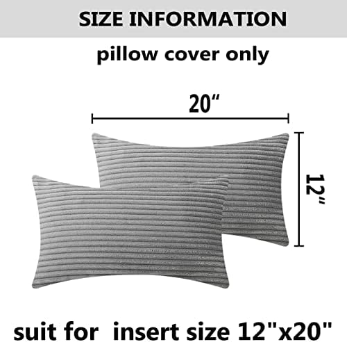 Home Brilliant 12x20 Lumbar Pillow Covers Set of 2 Plush Velvet Corduroy Striped Rectangular Throw Pillow Cover Gray Pillow Case for Kid's Room Lumbar Suppport Pillows, 12 x 20 inch, Light Grey