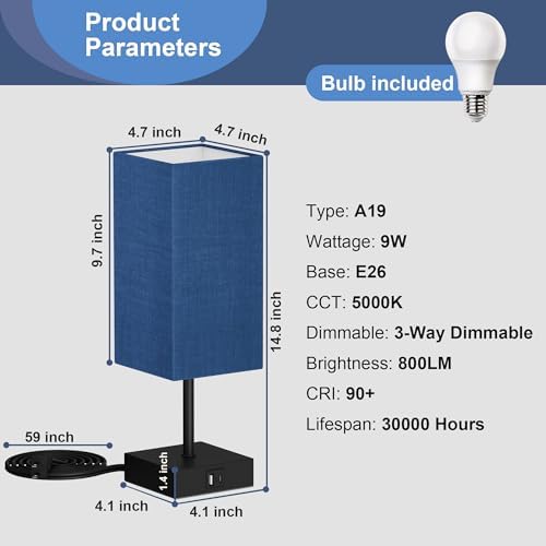 Bedside Table Lamp for Bedroom with 2USB Ports, 14-Inch, NavyBlue