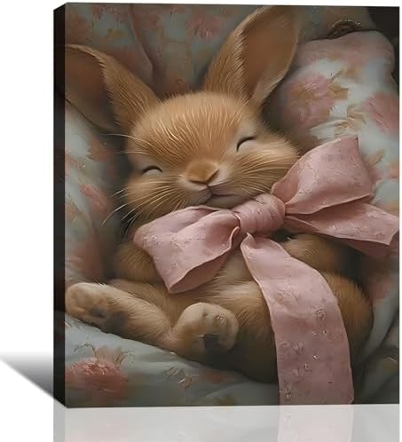 RIBNTAK Easter Rabbit with Pink Bow Canvas Wall Art 12x18, Bunny Pictures for Kids Room, Cozy Spring Easter Canvas Painting Prints Wall Decor, Holiday Artwork for Nursery Bedroom Decoration