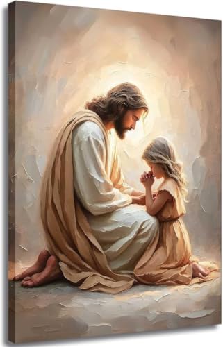 Jesus Wall Art with Girl Praying, Christian Canvas Print, Framed, 24x36 in | Faith-filled imagery brings comfort and hope to bedrooms, prayer rooms, churches, nurseries, or quiet reflection spaces.