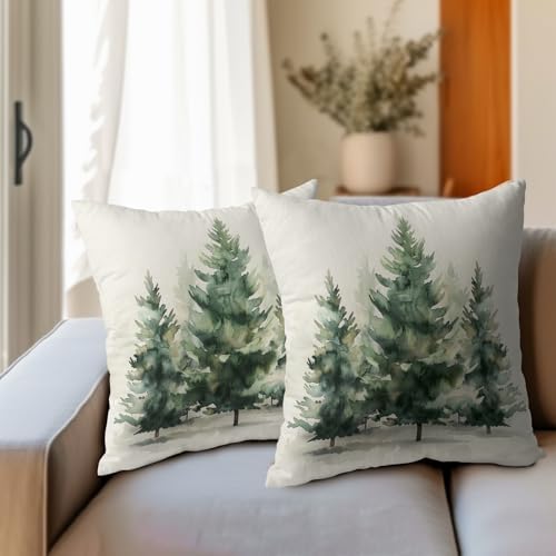 Watercolor Green Tree Throw Pillow Covers 18x18 Inch Set of 2 Green Christmas Tree Decorative Pillowcase Winter Nature Trees Holiday Cotton Linen Cushion Cover for Home Sofa Living Room Patio