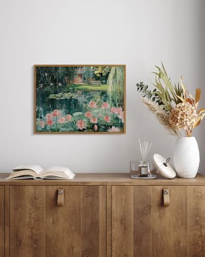WHASAYART Vintage Framed Monet-Inspired Lotus Pond Floral Wall Art 12x16in | Water Lily Canvas Print Wall Decor, Impressionist Garden Bench Landscape Oil Painting for Living Room Bedroom Entryway Office